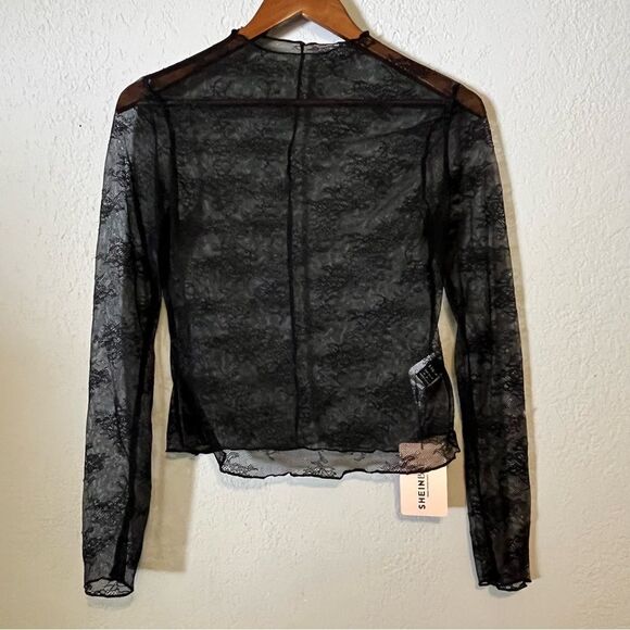 Women's NWT Black Lace Semi Sheer Long Sleeve Top - Picture 2 of 8